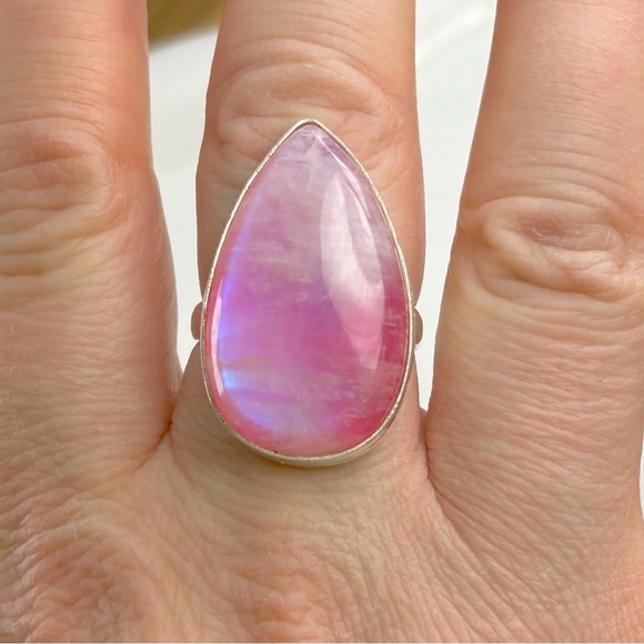 Pink Rainbow Moonstone Ring Size 8 3/4 New Chunky Sterling Silver 925 Overlay - Picture 5 of 11